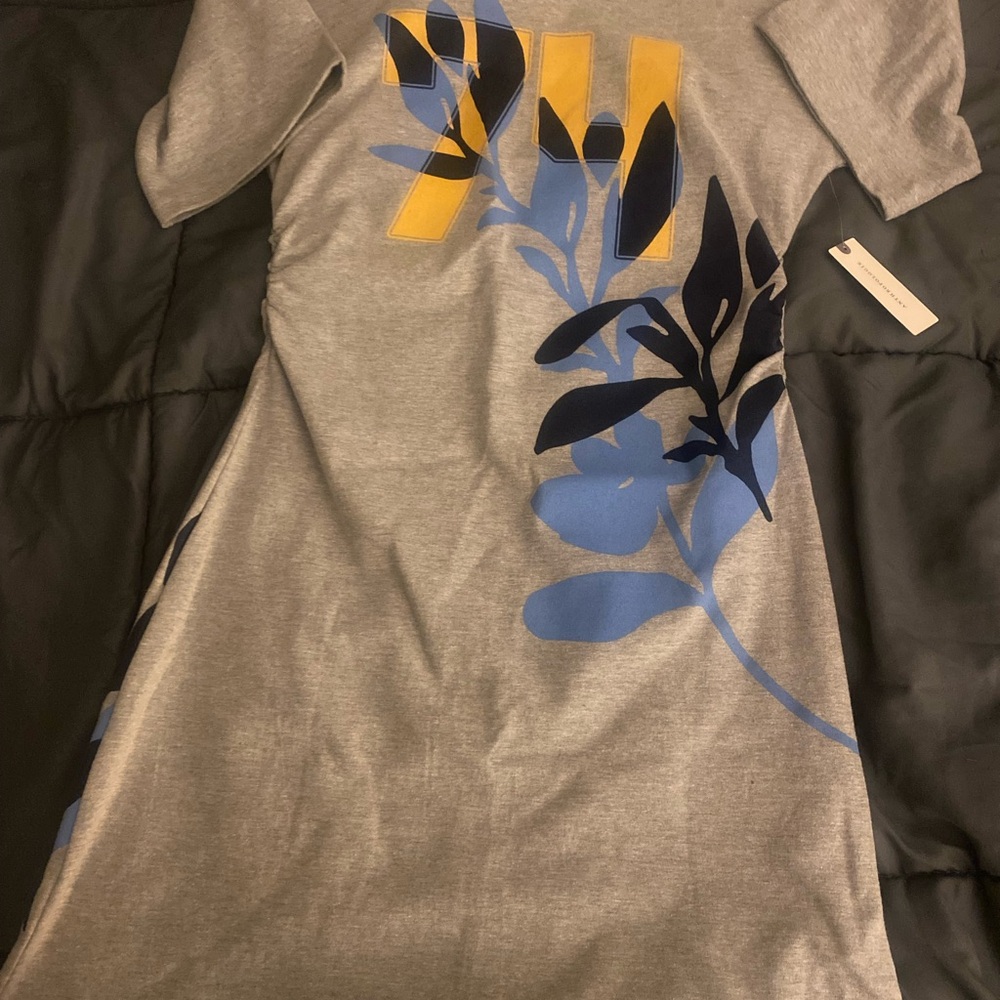 Grey Mini Dress with Blue and Navy Botanical Print